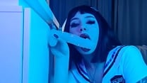 beauty in a student costume sweetly sucks a rubber dick and fucks her pussy Peachgardens