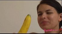 How to Young brunette girl teaches using a banana