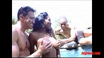 Negroed com black girl curly hair fucking 2 white guys in the swimming pool
