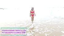 Pranya Walking on beach in Red hot bikini