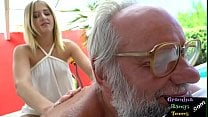 Blonde teen beauty sits on top of grandpa