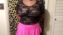 BIG NATURAL BOOB BABE IN SEE THRU SHIRT  amp  PINK MINI SKIRT