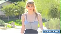 Sexy natural big tit blonde amateur teen Alyssa runs naked in the open street