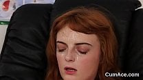 Frisky peach gets cumshot on her face eating all the ejaculate Frisky peach gets cumshot on her face eating all the ejaculate