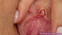 Spread tender pussy handles dildo Spread tender pussy handles dildo