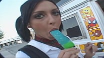 While giving the ice cream man and upskirt of her panties as she sits in the back of his