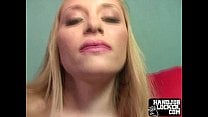 Blonde chick plays with her shaved puss