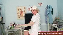 Perverted Lady in nurse uniform shows huge boobs