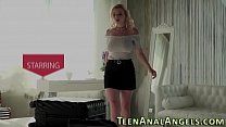 Blonde teen anally rides and jerks fat cock
