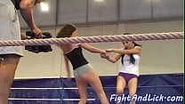Lesbian eurobabes wrestling in a boxing ring