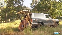 Outdoors the blonde with ponytails has her shaved pussy licked before getting into doggy style Outdoors the blonde with ponytails has her shaved pussy licked before getting into doggy style