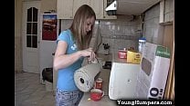 Teen girl taking it deep in the kitchen Teen girl taking it deep in the kitchen