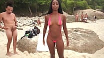 Cute Brazilian mulata Jasminy Villar double penetrated by huge dicks at nude beach while people watching Anal DP publ