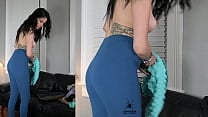 Jazmin tries on leggings and wrap shirt for photoshoot