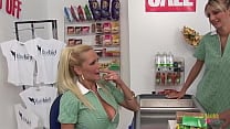 A grocery store foursome begins when the two blonde milfs tease their customer with their big boobs A grocery store foursome begins when the two blonde milfs tease their customer with their big boobs