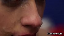 Frisky honey gets cumshot on her face swallowing all the jism