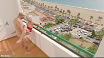 Sex on the balcony beach view outdoor blowjob cum on tits