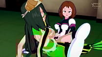 Ochako and Tsuyu adorable lesbian teen scissoring My Hero Academia