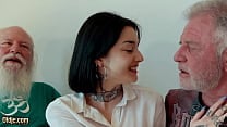 Young brunette has threesome with old men and she swallows cum Young brunette has threesome with old men and she swallows cum