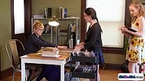 Two librarians and a customer lick pussy